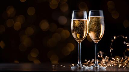 Two glasses of champagne, New Year celebration, happy new year, dark blurred background