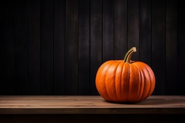 Striking image of a large orange pumpkin set on a table in darkness, capturing the eerie essence of Halloween. - Powered by Adobe