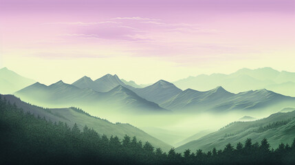 A serene peakscape in serene green and mild lavender exhibits the splendour of nature's balance.