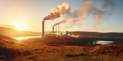 Poster View of a geothermal energy production plant or a green power generation factory generating water vapor smoke from its smokestacks. © Joe P