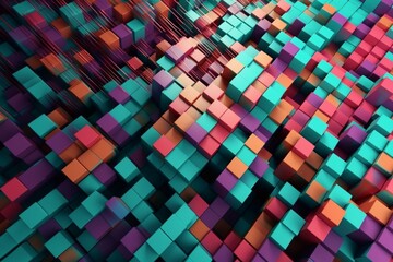 Abstract 3D rendering of a trendy colorful square pattern with distorted geometry and random design. Generative AI