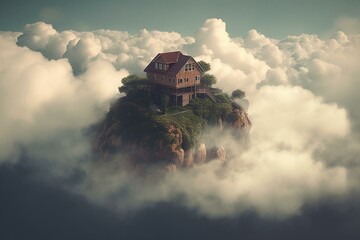 Aerial house amidst clouds - digital artwork. Generative AI