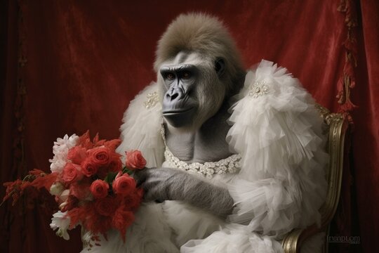 A gorilla wearing a bridal gown. Generative AI
