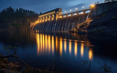 View of a hydroelectric power plant's dam with the gates closed and illuminated at night.
