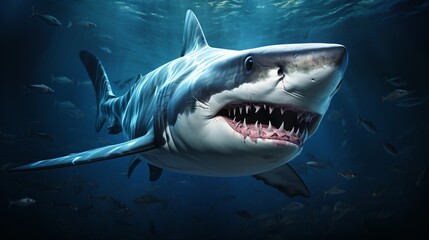 A menacing, toothed maw looms from beneath the oceanic shark.