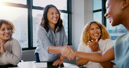 B2B partnership, applause or business people handshake for welcome, collaboration or company...