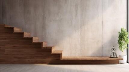 A 3D rendering of stairs made of wood and concrete at an entryway surrounded by wooden and cement walls offers a distinctive sight.