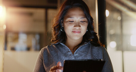 Office face, tablet or night woman typing social network feedback, customer experience or web ecommerce. Brand monitoring data, website research or Asian media worker analysis of online survey review