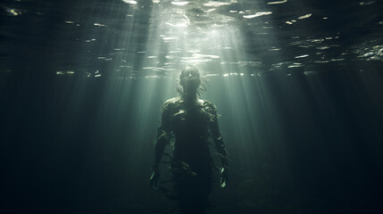 A surreal, still shot of a solitary swimmer beneath turbulent waters symbolizing profound emotion amidst turmoil.