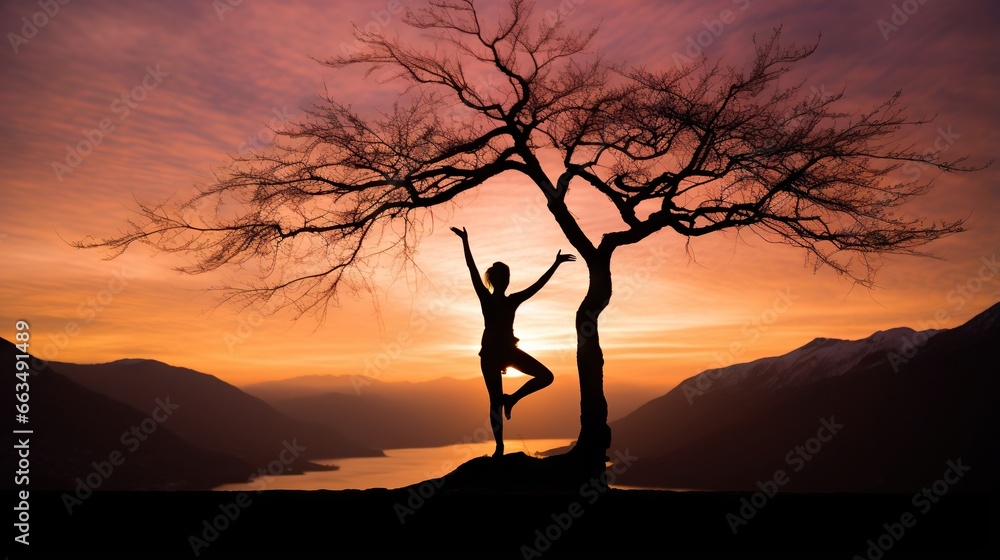 Poster a person doing a yoga pose in front of a tree. generative ai