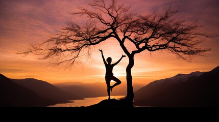  a person doing a yoga pose in front of a tree.  generative ai