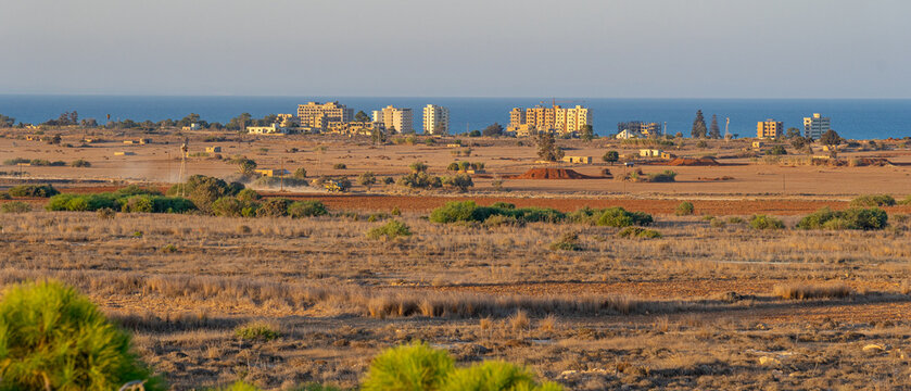 Panoramic view from the border of the Republic of Cyprus to the destroyed and abandoned city of Famagusta taken over by Northern Cyprus. You can see the destroyed and deteriorating buildings.