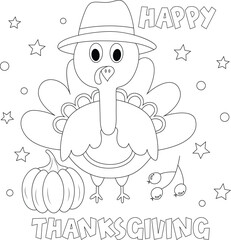 Thanksgiving Coloring Pages for kids drawing. Turkey coloring page. Black and white vector illustration