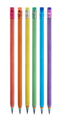 Set of Colored Pencils Made by Recycled Paper arranged on white background. Environmentally...