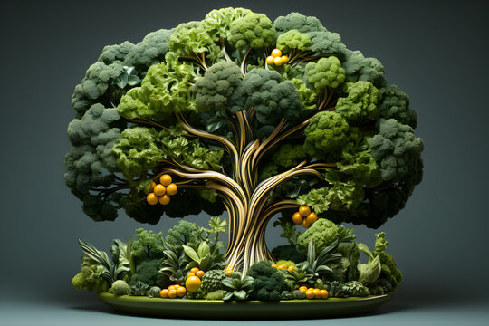 An image of a tree growing from fruits and vegetables, symbolizing a vegetarian diet as a source of life.