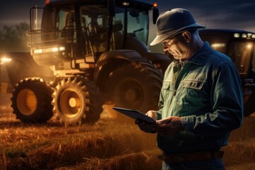 Farmer with tablet and tractor in a field at dusk, smart farming with remote control.