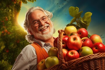 Happy Farmer with a Basket of Fresh apples