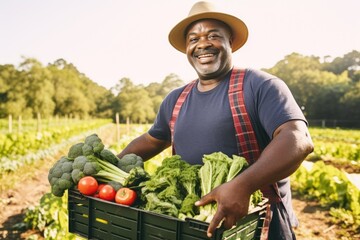 joyful african american farmer hold a wooden crate with vibrant fresh harvest of vegetables and greenery on green field background