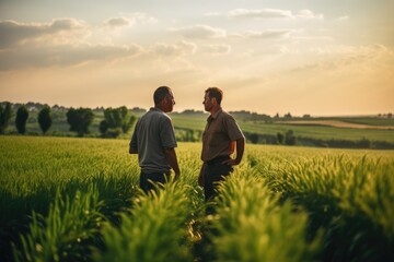 Two farmers agriculturists inspecting a Wheat Crop in field. walking and talking through green field with clear blue sky background - obrazy, fototapety, plakaty