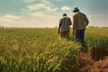 Two farmers agriculturists inspecting a Wheat Crop in field. walking and talking through green field with clear blue sky background