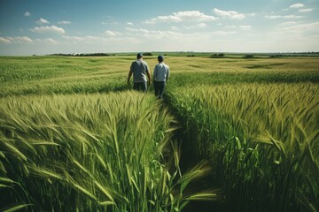 Two farmers agriculturists inspecting a Wheat Crop in field. walking and talking through green field with clear blue sky background