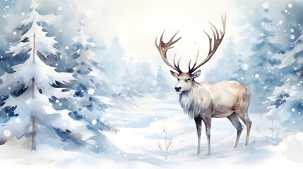 Obraz premium Christmas festive deer illustration, watercolor style.