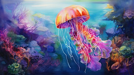 Fototapeta na wymiar a painting of a jellyfish swimming in the ocean water. generative ai