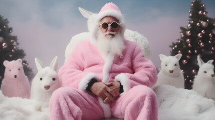 Handsome modern style photo of a man in rabbit costume sitting on a pink chair