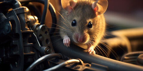 Close-up of a mouse inside a car engine eating and biting the cables and creating rodent wiring damages. - obrazy, fototapety, plakaty
