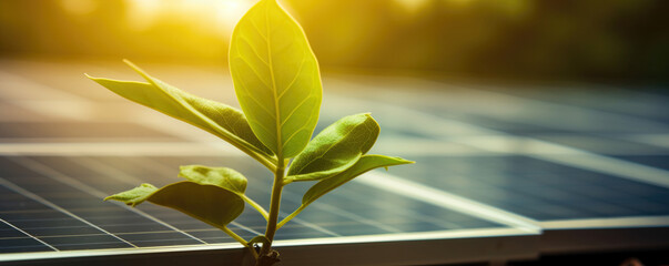 Close-up of a small green plant growing next to a solar panel at sunset.
