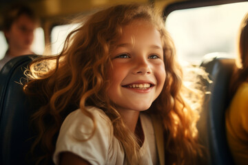 School Bus: smiling Cute Girl Getting On school Bus, Excited young girl on the school bus - obrazy, fototapety, plakaty