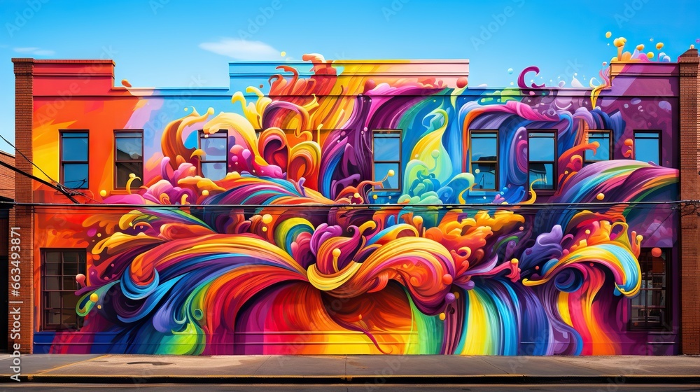 Poster a colorful mural on the side of a building in a city. generative ai