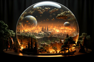 City under the dome. Global warming, greenhouse effect and climate change concept - obrazy, fototapety, plakaty