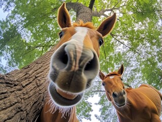 Close-up portrait of a horse. Detailed image of the muzzle. A domestic animal is looking at something. Illustration with distorted fisheye effect. Design for cover, card, postcard, decor or print.