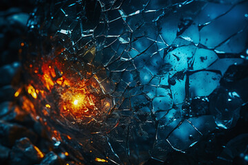 background like broken glass in the night with reflection of fire inside 