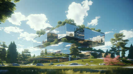 futuristic glass, mirrored building