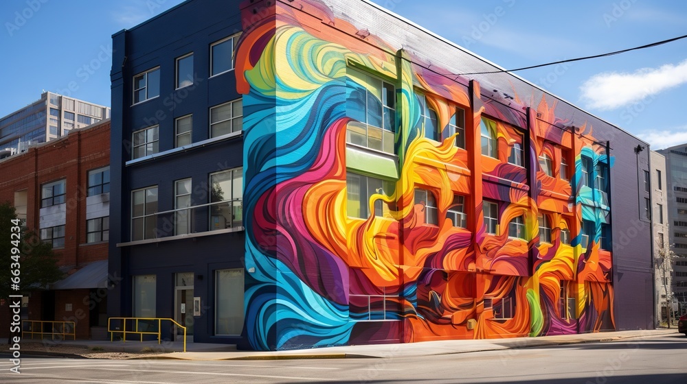 Poster a building with a colorful mural on the side of it. generative ai