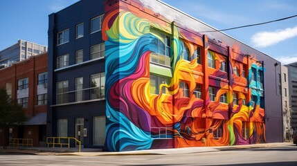  a building with a colorful mural on the side of it.  generative ai