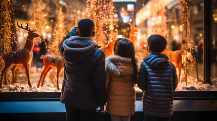 Festive Children Admiring Christmas Window Display - obrazy, fototapety, plakaty