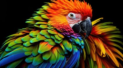Obraz premium a colorful parrot with a black background is looking at the camera. generative ai