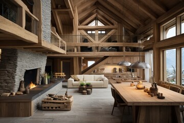 interior of chalet  with unpainted wood and natural materials