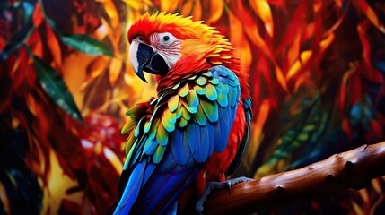  a colorful parrot sitting on a branch in front of a painting.  generative ai
