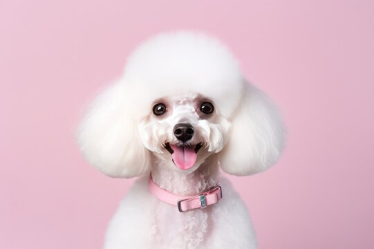 white poodle puppy on pink background poster