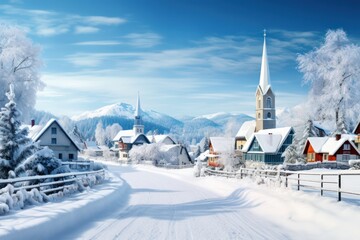 European town ski resort after snowfall landscape. Swiss village.  - obrazy, fototapety, plakaty