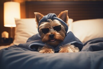 Yorkshire terrier sleeping on sofa. Fancy hotel vacation poster. - obrazy, fototapety, plakaty