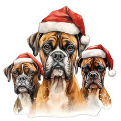 Three Cute Christmas Boxer Dog Wearing Santa Hat Transparent Watercolor Png Graphic