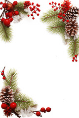 Fototapeta na wymiar Rahmen mit Weihnachtsmistel, Zweigen und Tannenzapfen. Festlicher Weihnachts Hintergrund, Zeichnung