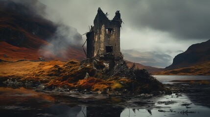 Decaying castle in the Scottish landscape, a beautiful scene of the old ruined castle. Created with Generative Ai technology.