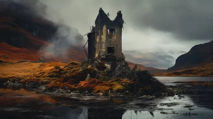 Foto auf Leinwand Decaying castle in the Scottish landscape, a beautiful scene of the old ruined castle. Created with Generative Ai technology. © Viktor