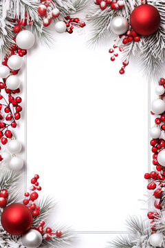 Rahmen mit Weihnachtsmistel, Weihnachtskugeln und Zweigen. Festlicher Weihnachts Hintergrund, Zeichnung